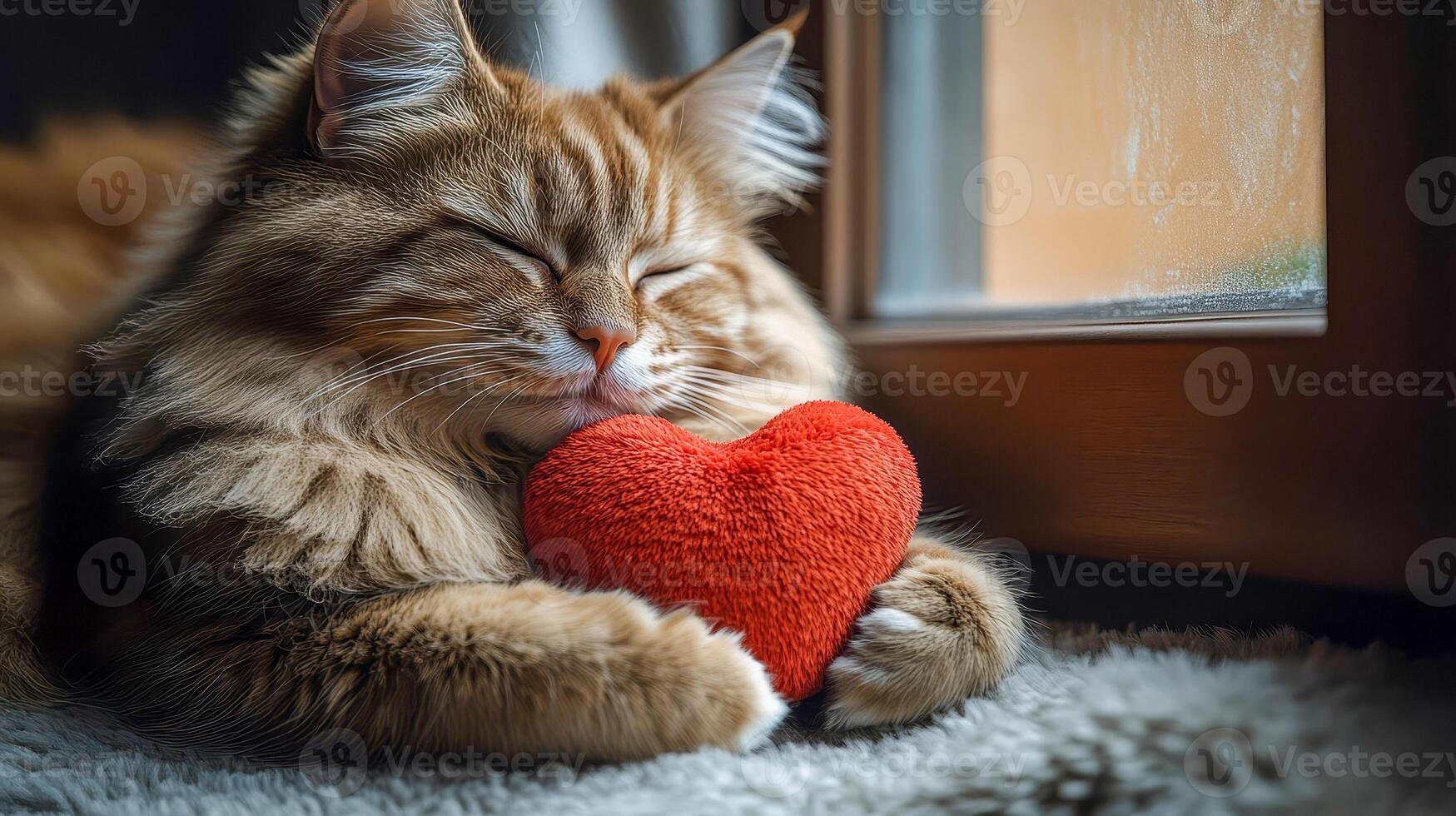 A fluffy cat on a plush rug, paws holding a red heart-shaped plush toy photo