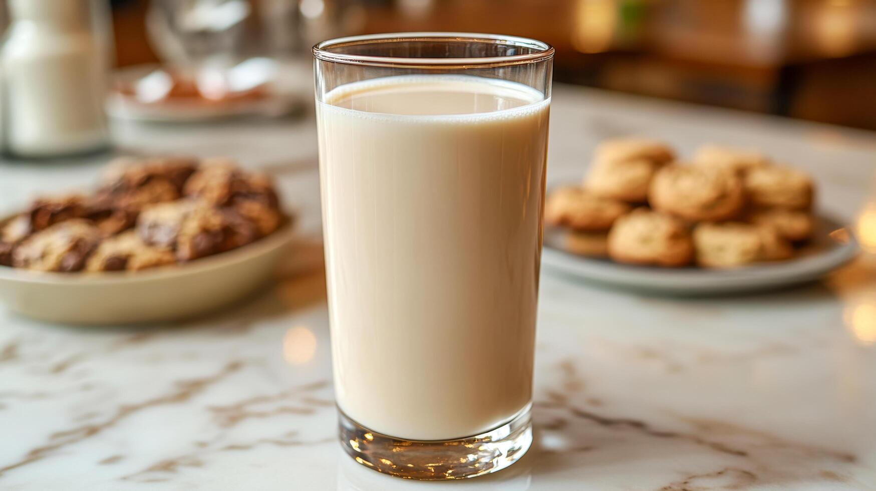 A glass glass of milk on a marble countertop with a plate of cookies photo