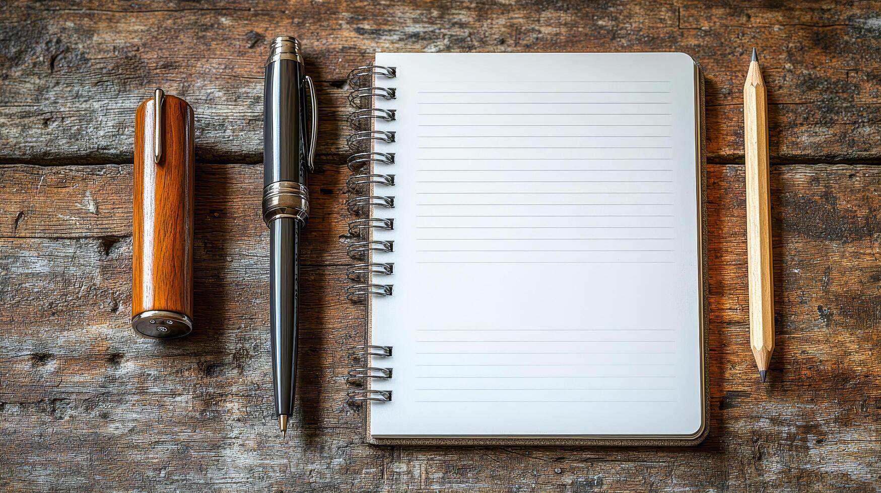 Top-down view of the table with ballpoint pen, pencil and notepad photo