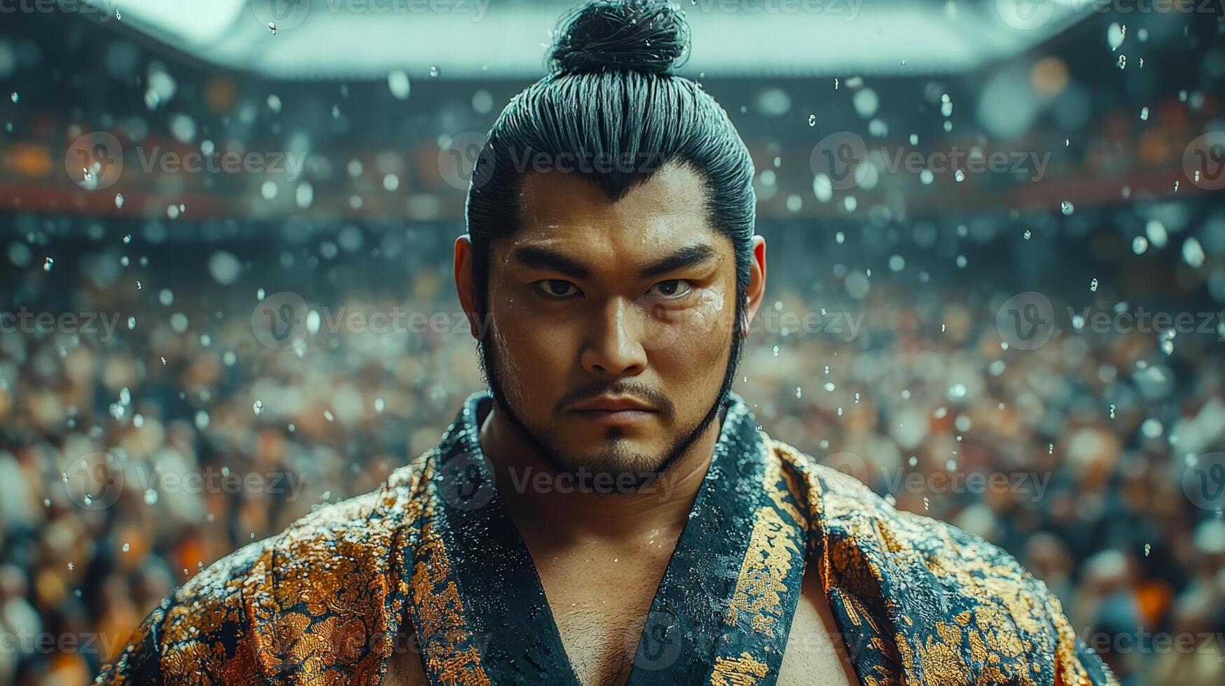 A sumo wrestler in traditional clothing stands in the center of the ring photo