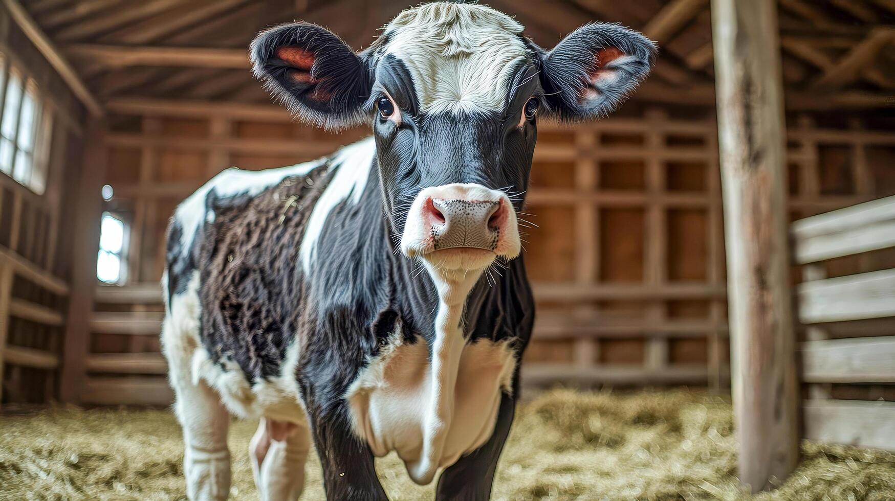 Close-up of a black and white dairy cow standing in a barn photo