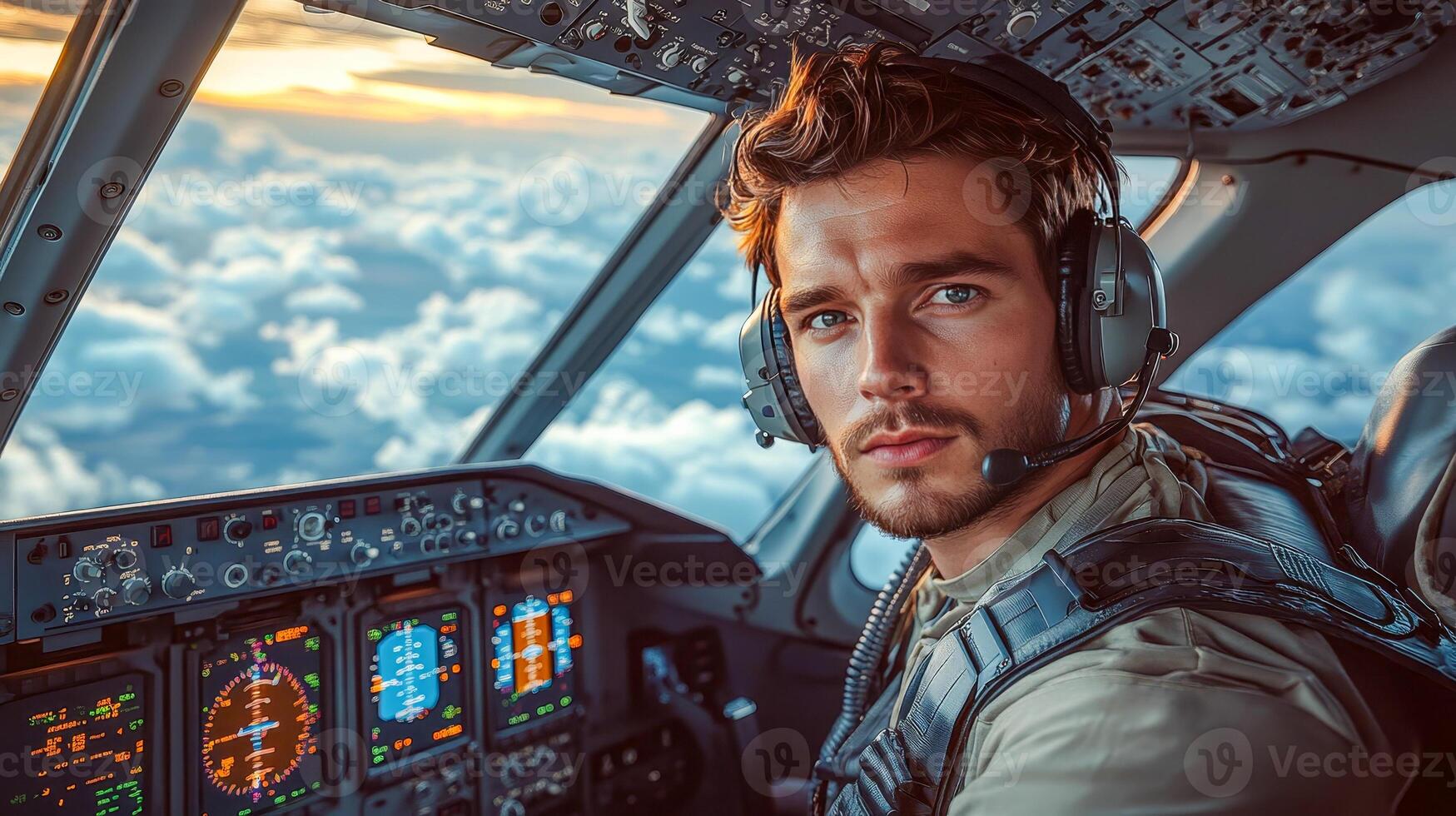 An airplane pilot in special uniform and headset sits at the controls of a commercial airliner photo