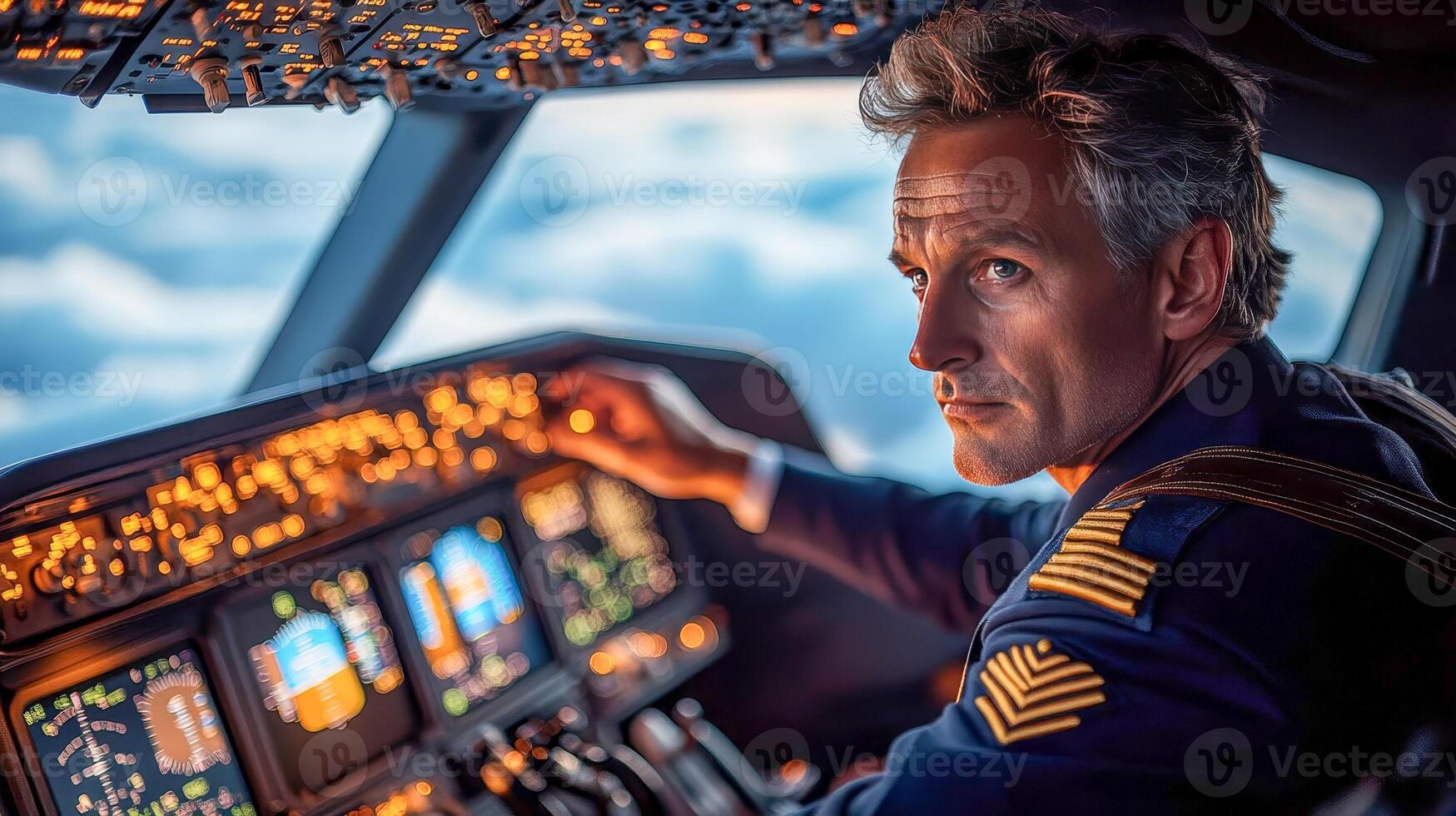 A male airplane pilot in the cockpit adjusting the controls photo