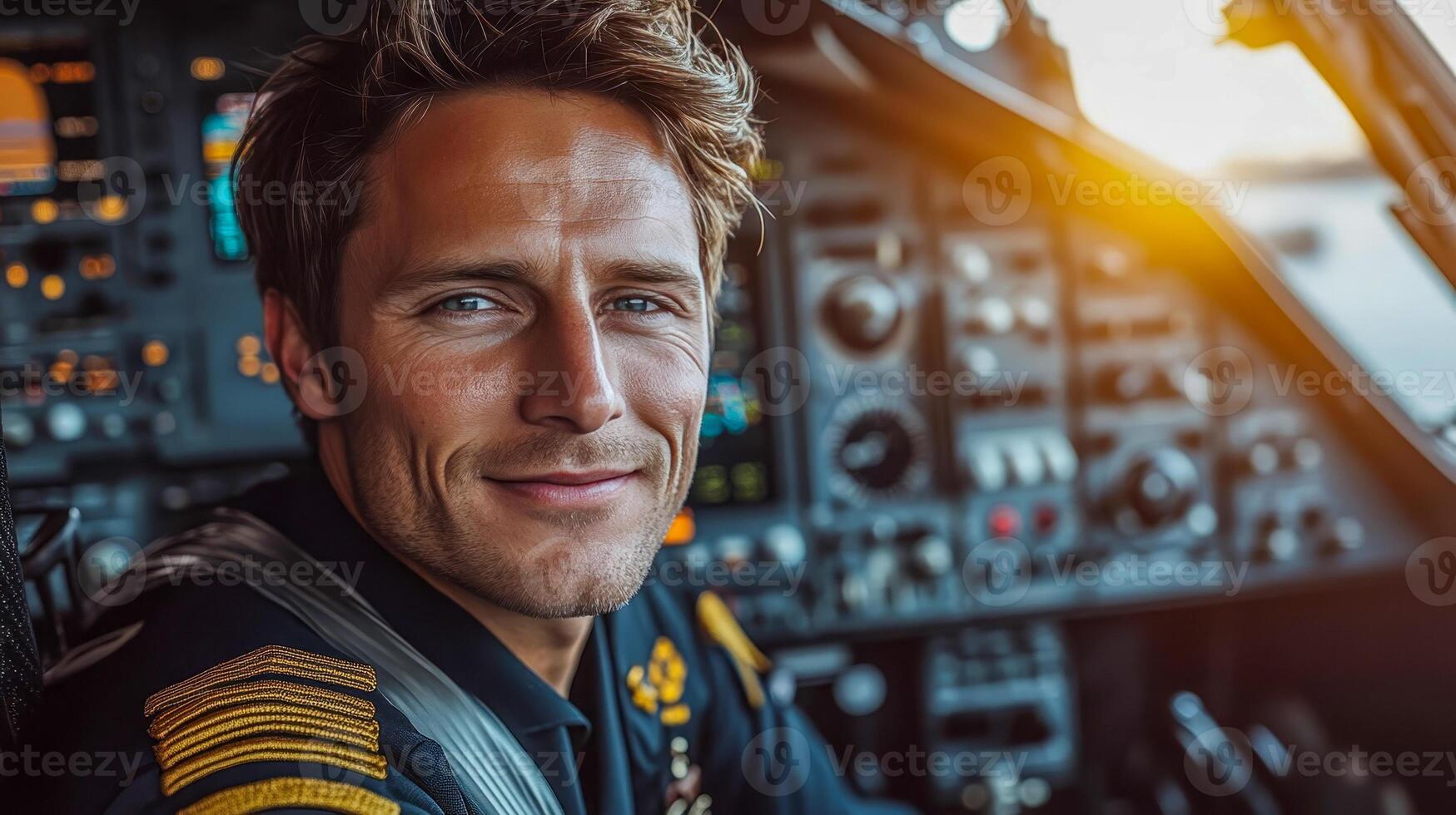 An airplane pilot sits in the cockpit of the plane and smiles photo
