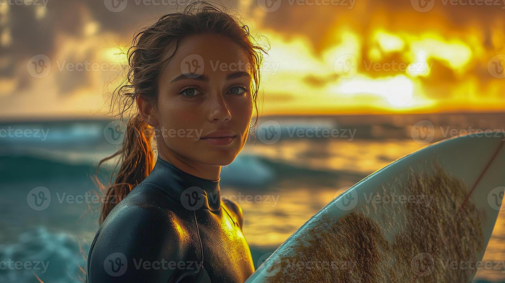 A female surfer with a ponytail and in a wetsuit stands on the sand holding a surfboard photo