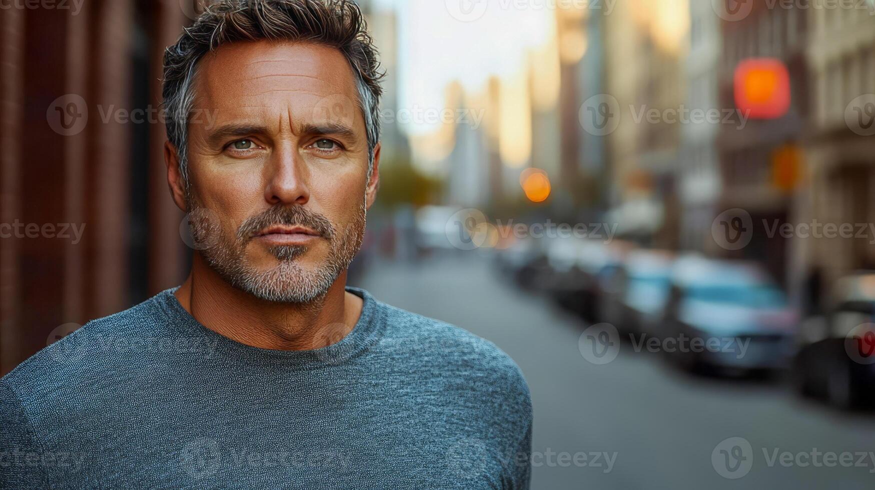 A middle-aged man stands in the background of a city street photo