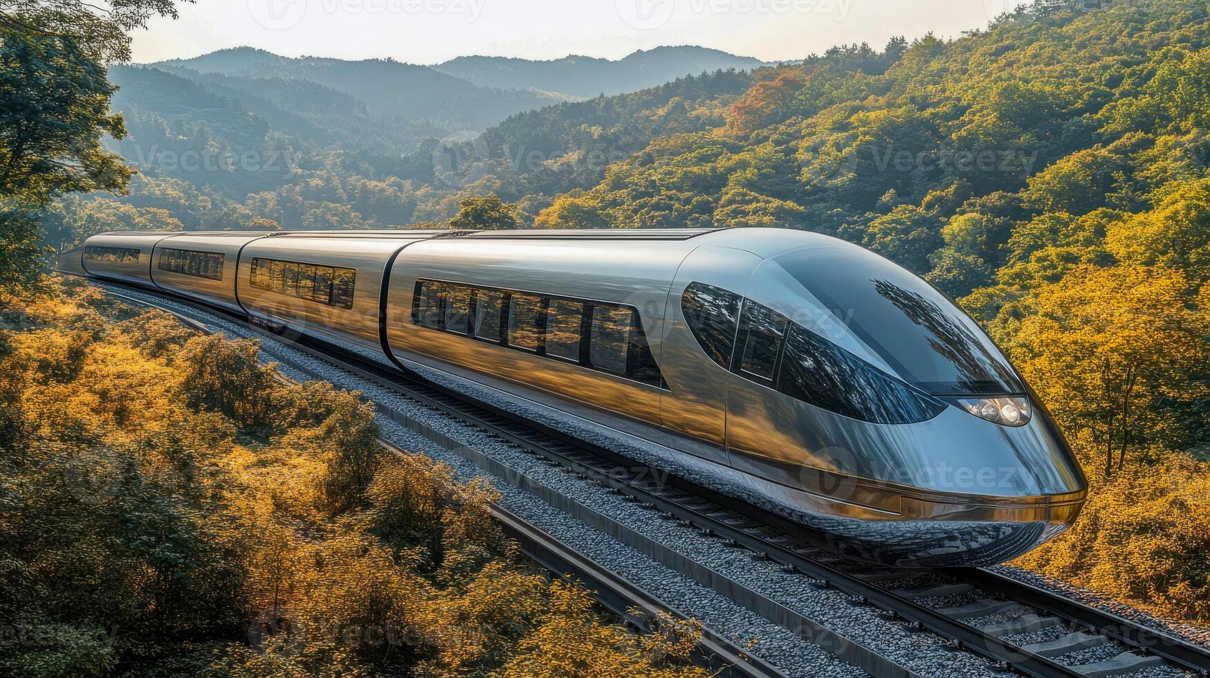 The modern train rushes through a picturesque landscape of rolling hills and dense forests photo