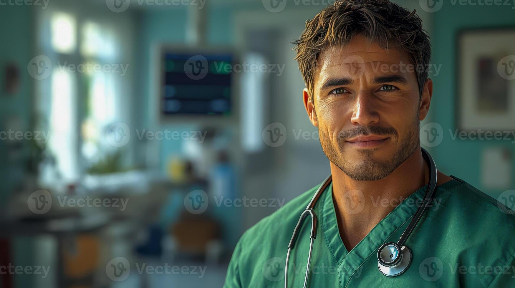 A male doctor in a green surgical coat photo