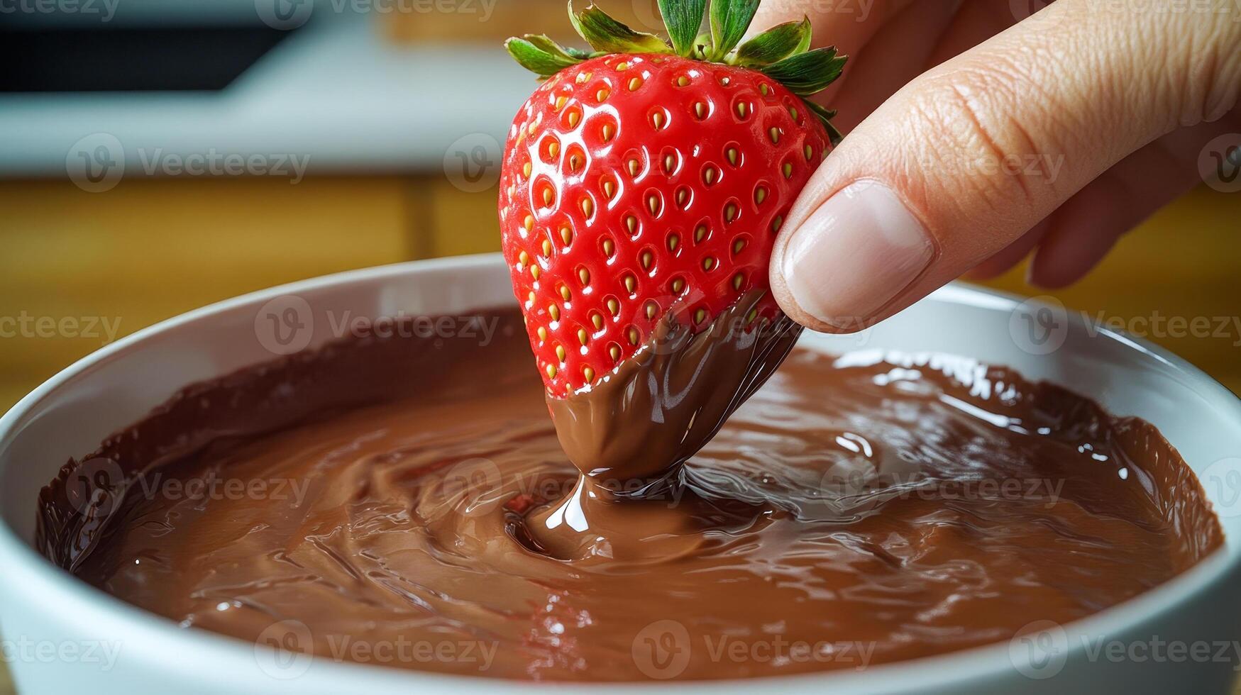 Close-up of a hand dipping a ripe strawberry into a bowl of melted chocolate photo
