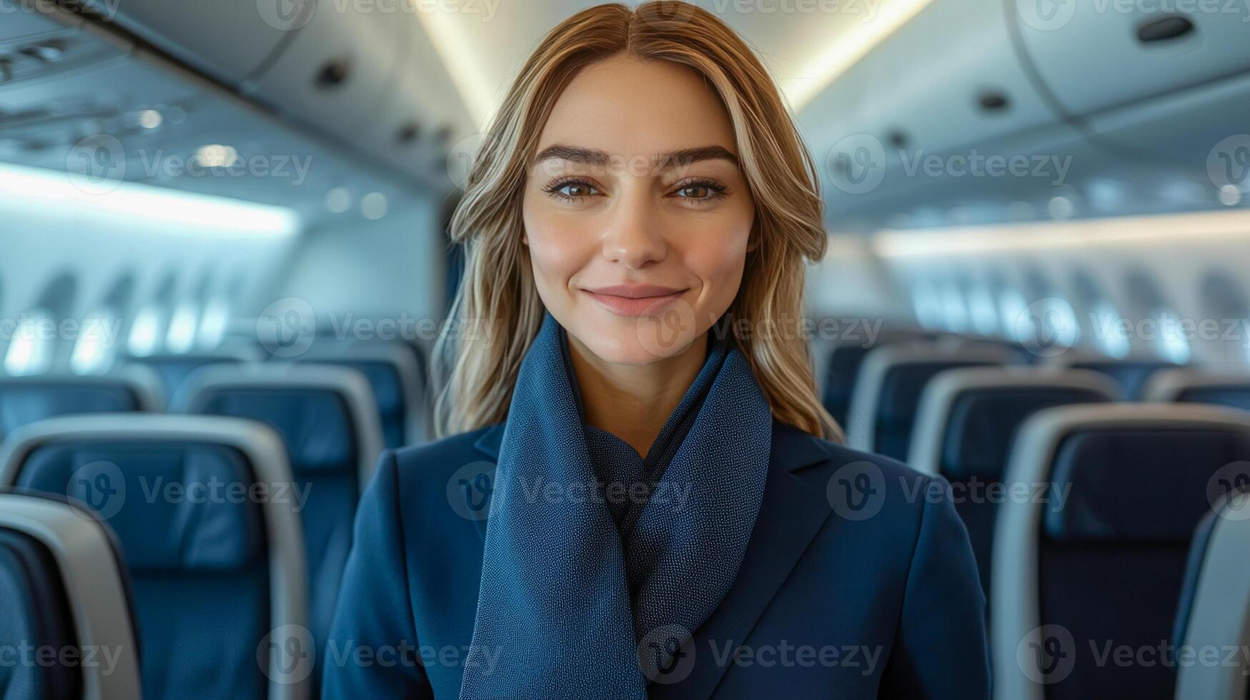 A friendly flight attendant in a dark blue uniform and scarf stands in the aisle of a modern airplane photo