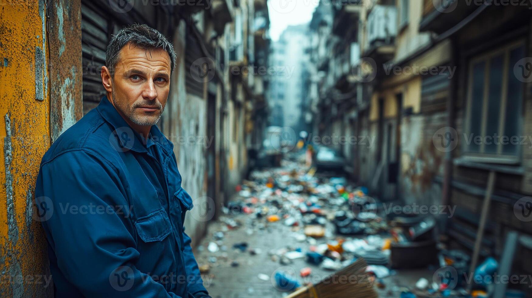 A uniformed male janitor cleans up an alley littered with trash photo