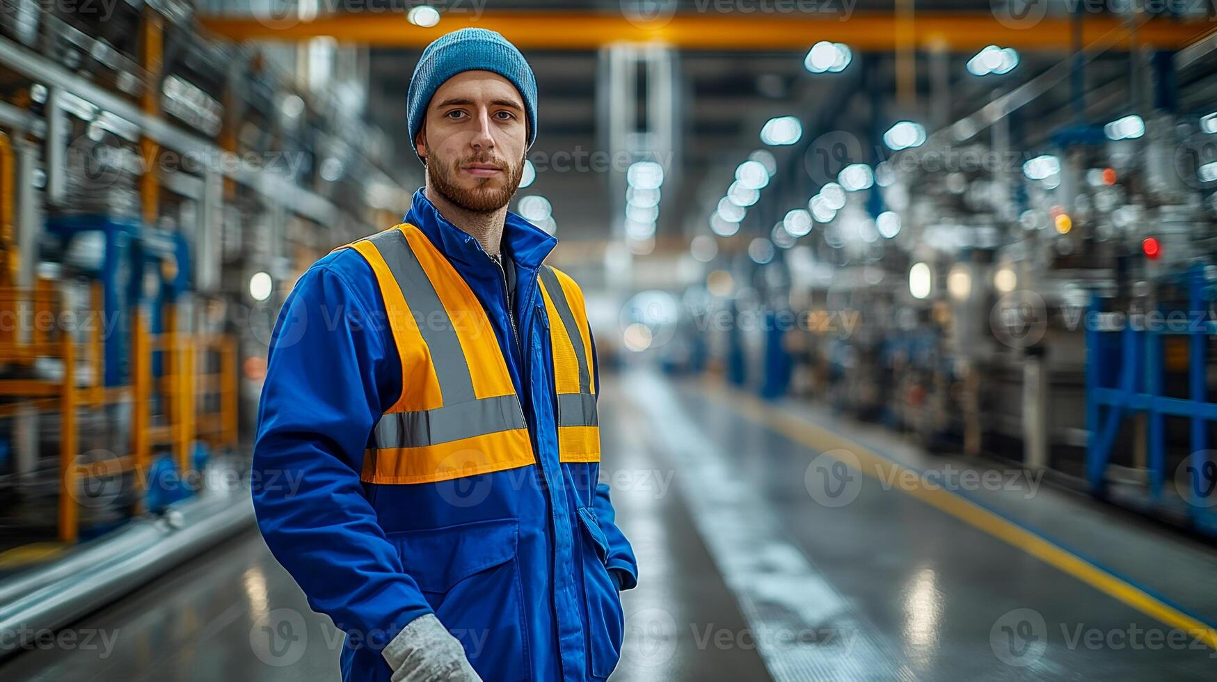 A janitor in a vest stands in a factory room with a mop in his hands photo