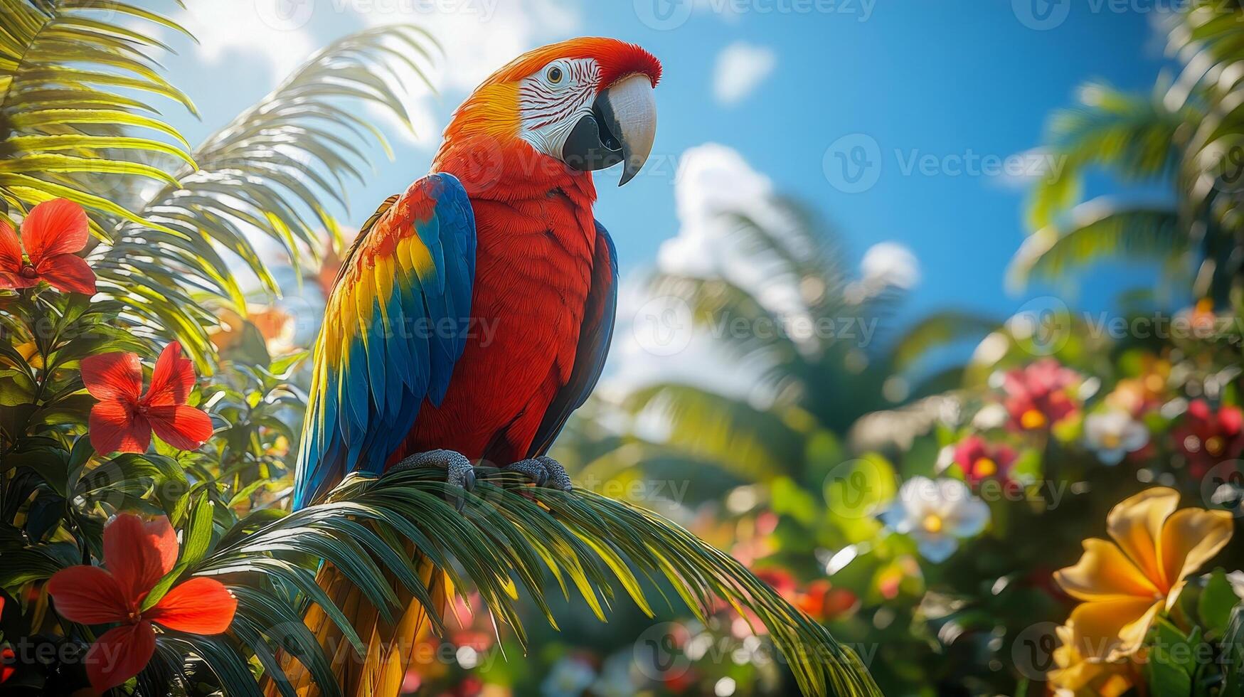 A parrot sits on the branch of a tall palm tree surrounded by tropical flowers photo