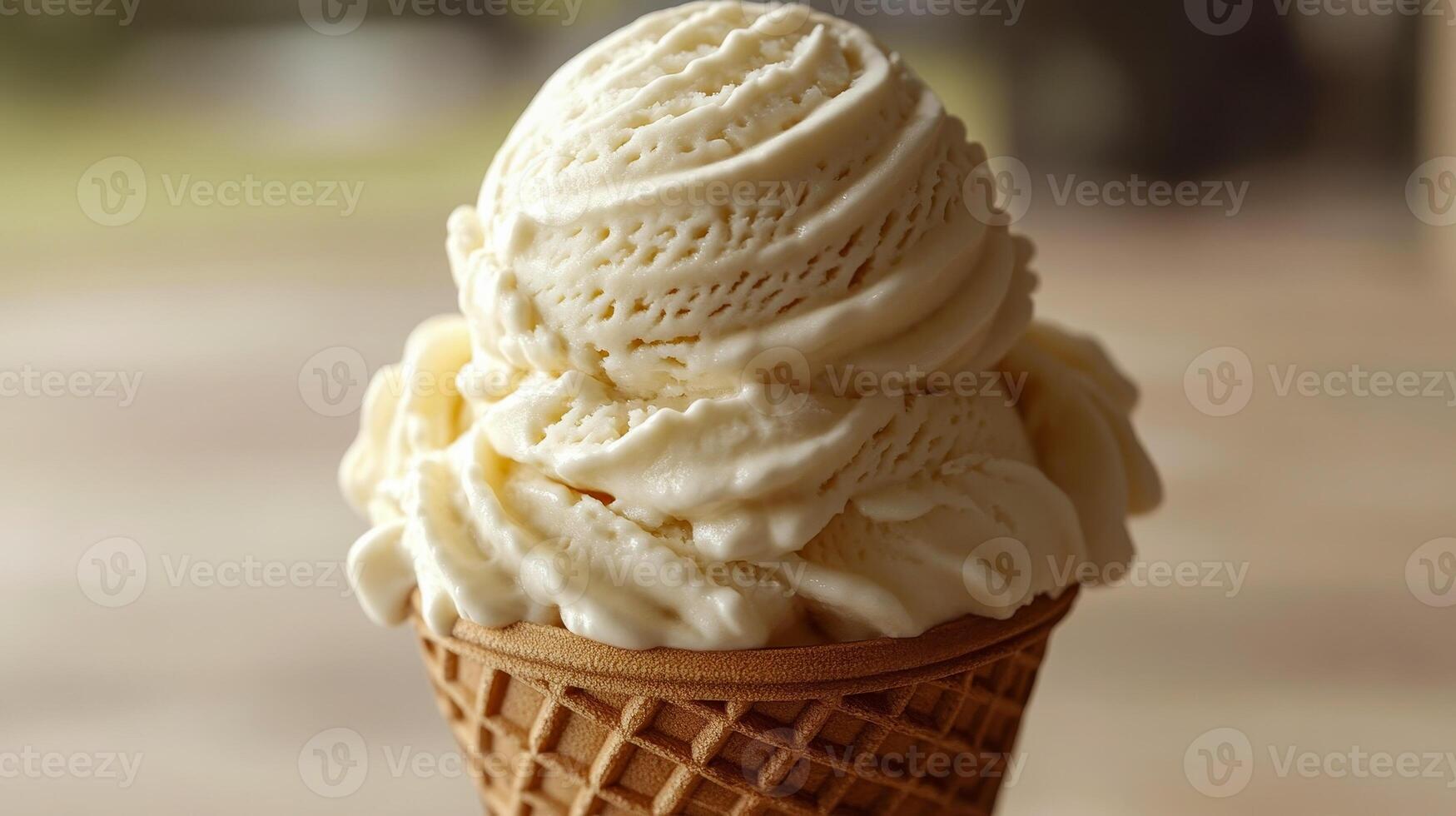 Creamy vanilla ice cream in a waffle cone photo