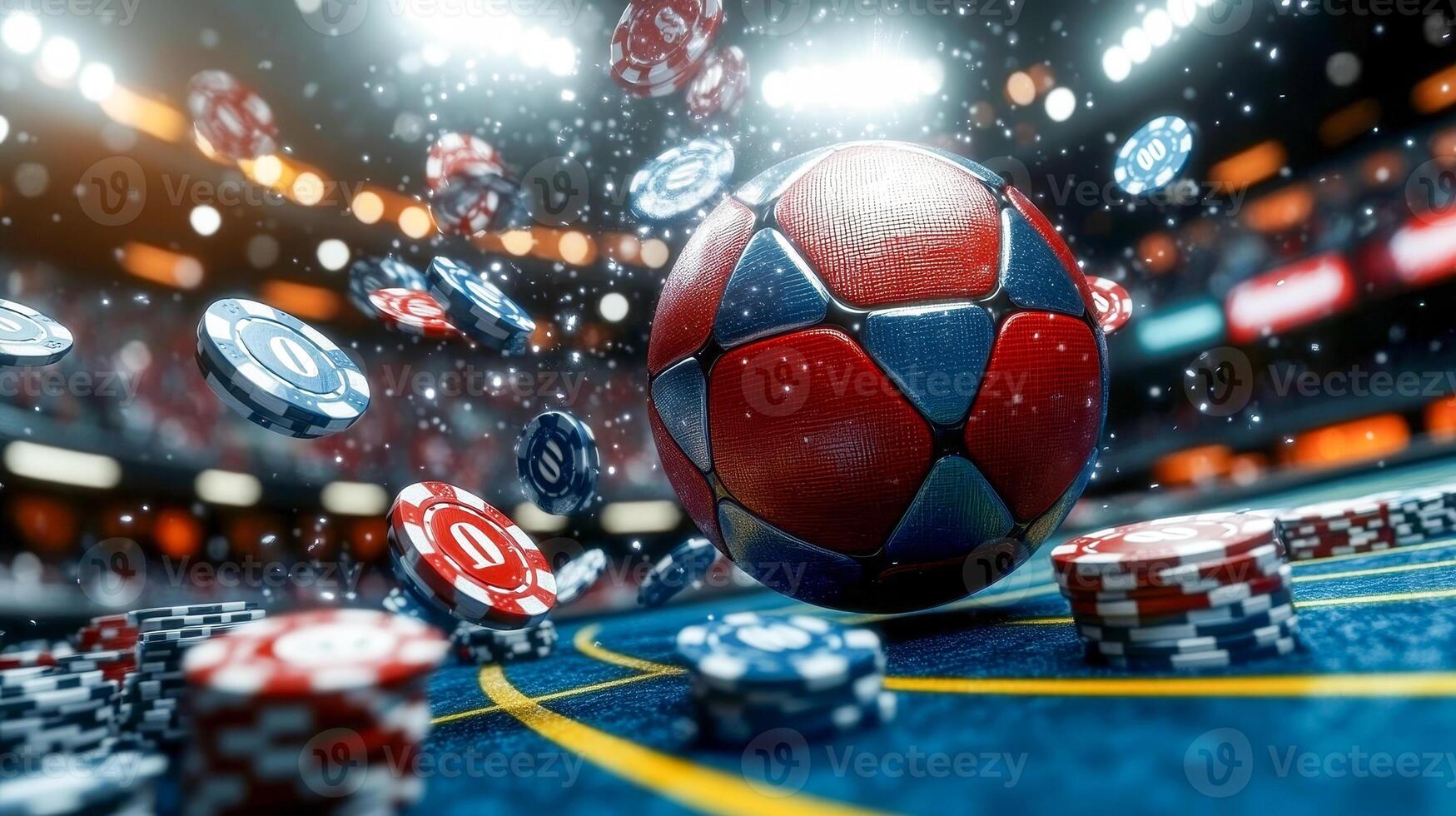 Poker chips fly over the ball and the poker table photo