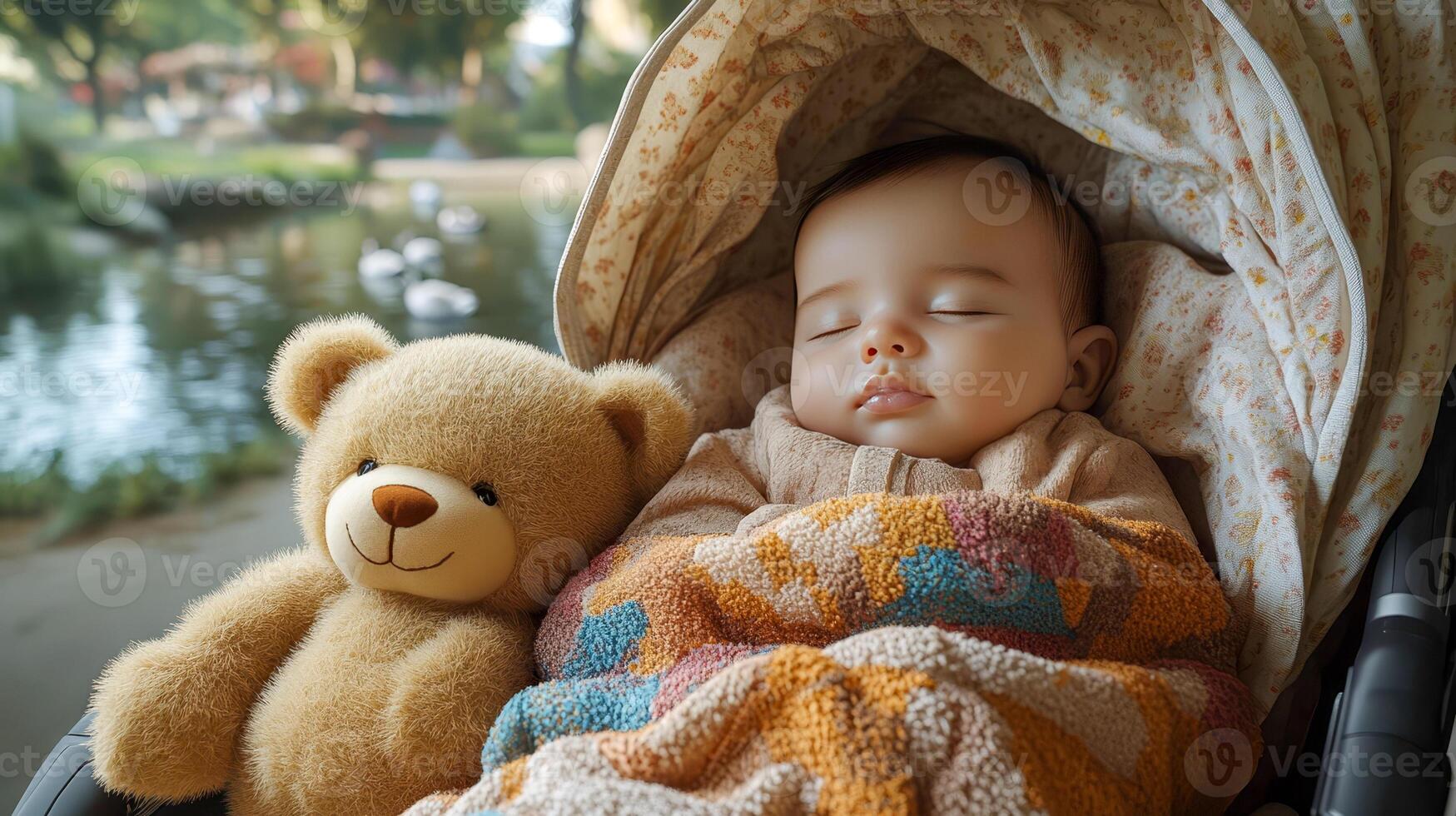 The baby sleeps in a stroller with a soft teddy bear by his side, wrapped in a blanket photo