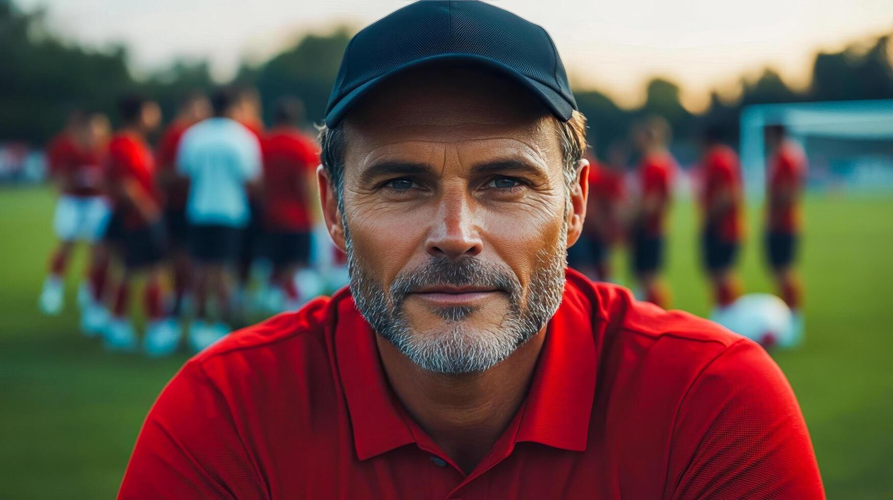 A middle-aged soccer coach in a red shirt and black cap photo