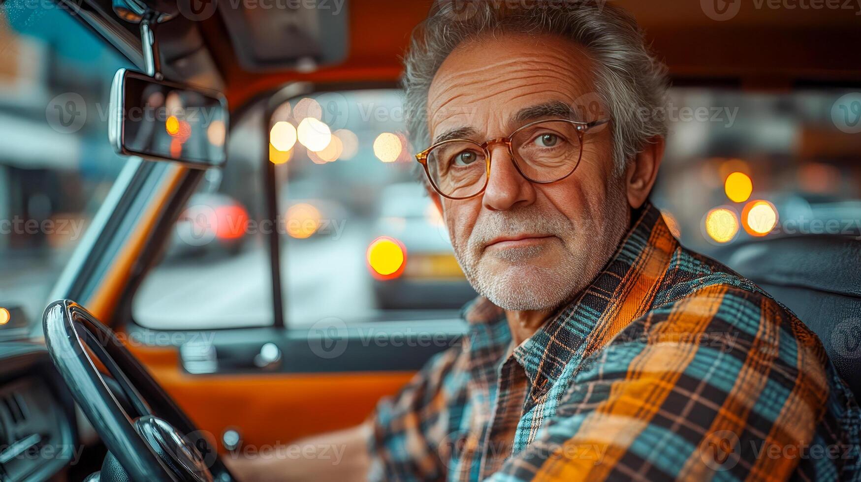 A middle-aged cab driver in a plaid shirt and glasses sits behind the wheel photo
