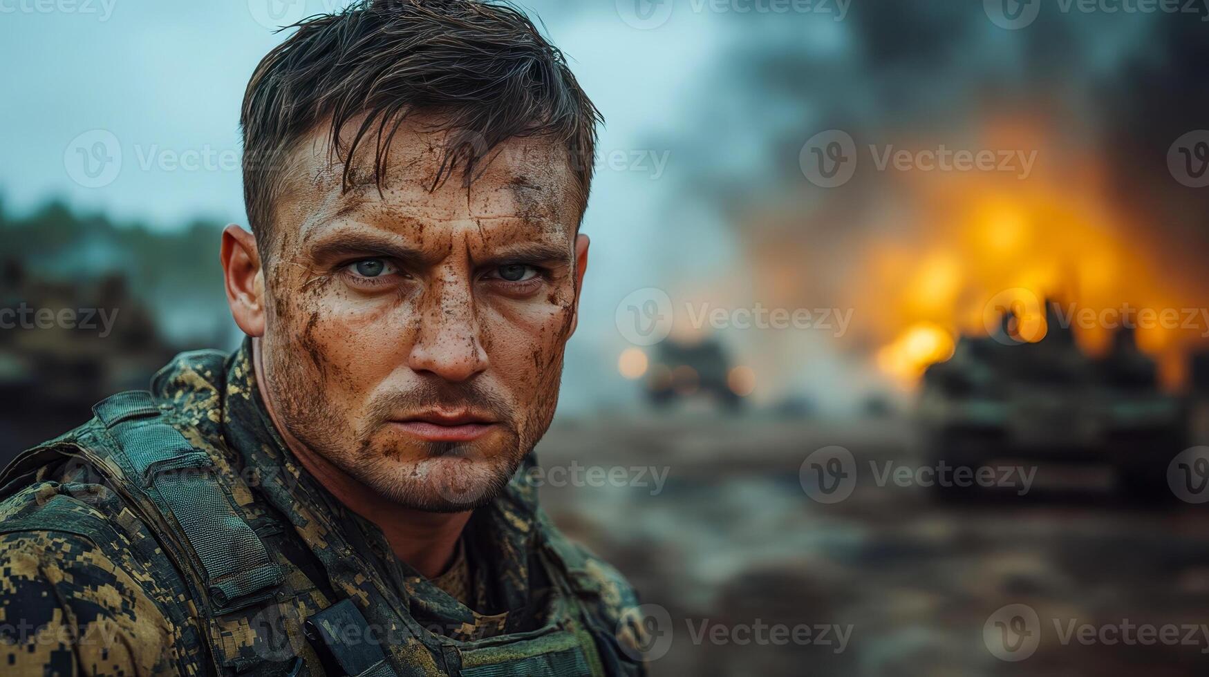 A military man in tactical camouflage, his face partially smeared with dirt photo