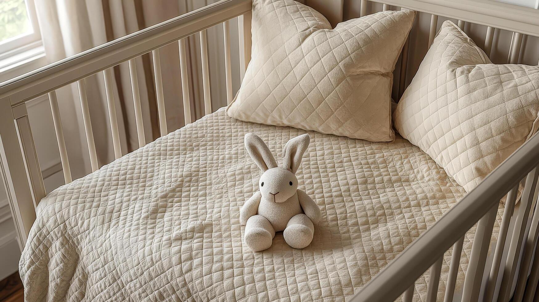 Close-up of a crib with a cream colored quilt and pillows photo