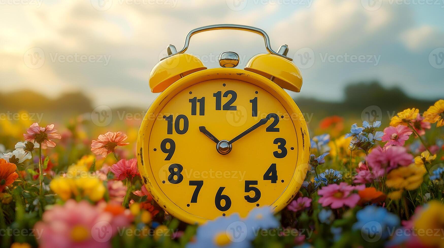A yellow alarm clock with bold black numbers and a small bell on top of it photo