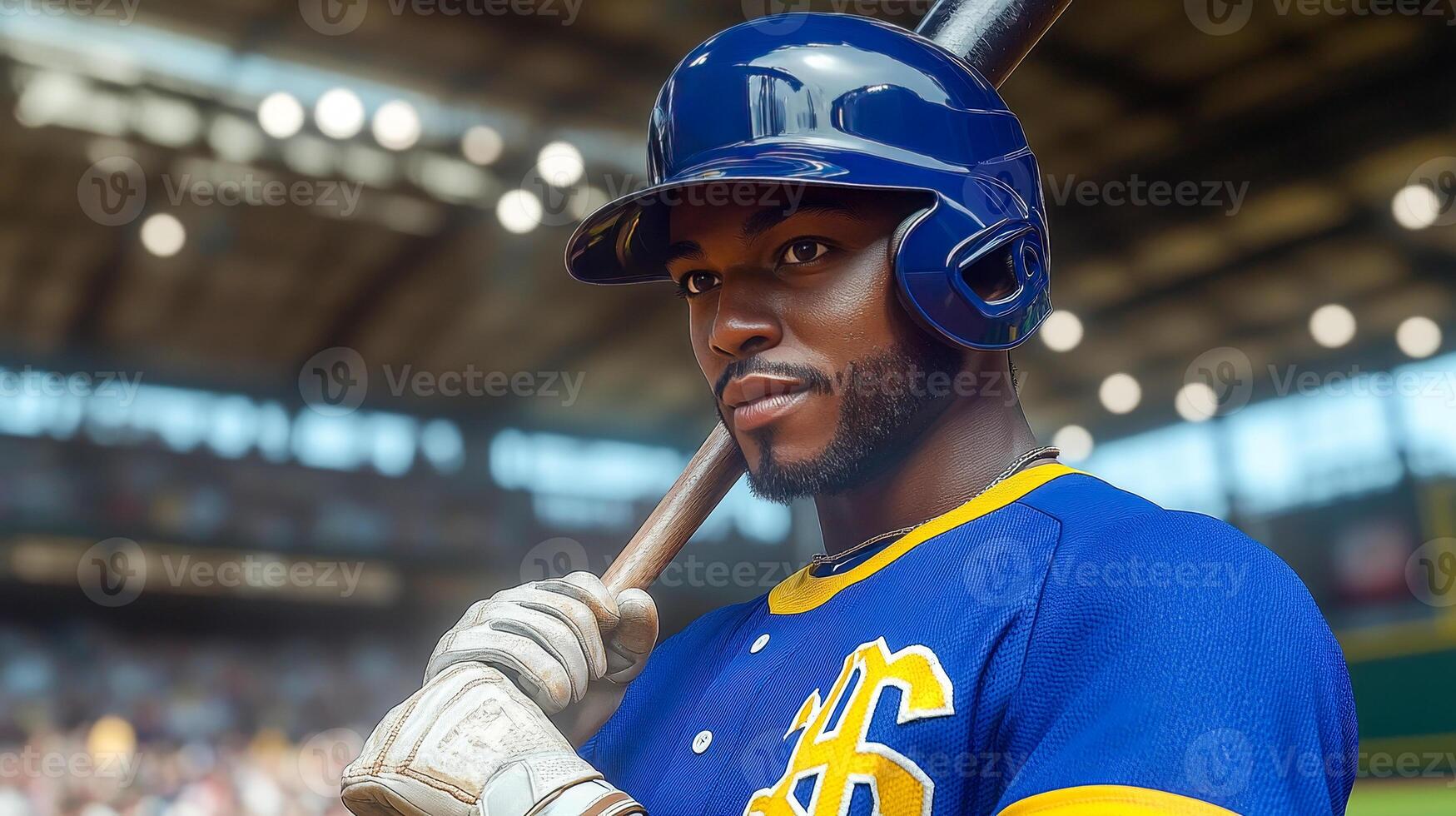 A baseball player in a helmet and blue jersey holds a baseball bat photo