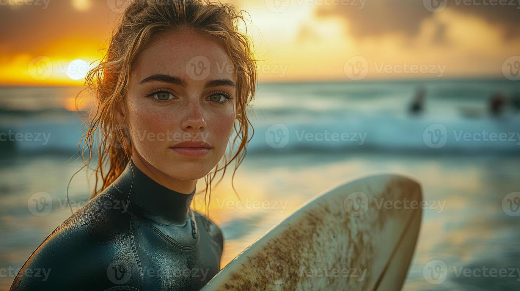 A female surfer in a wetsuit stands on the shore holding a surfboard in both hands photo