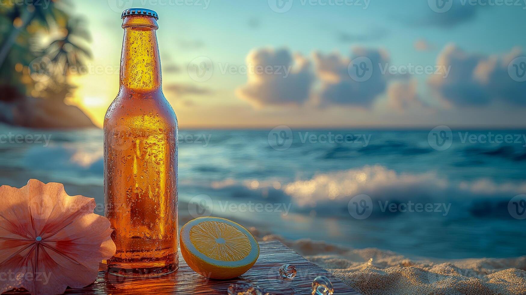 A bottle of golden amber colored beer stands on a beach table next to a slice of lemon photo