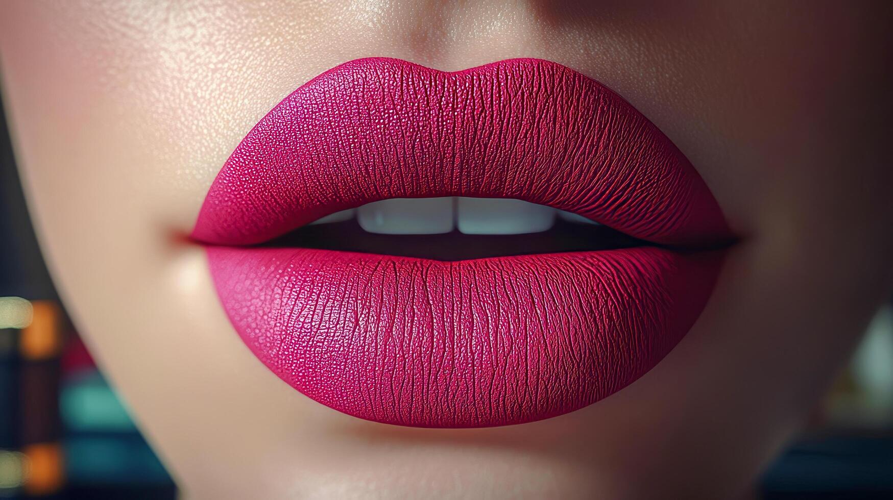 Close-up of a woman's lips painted with bright fuchsia matte lipstick photo