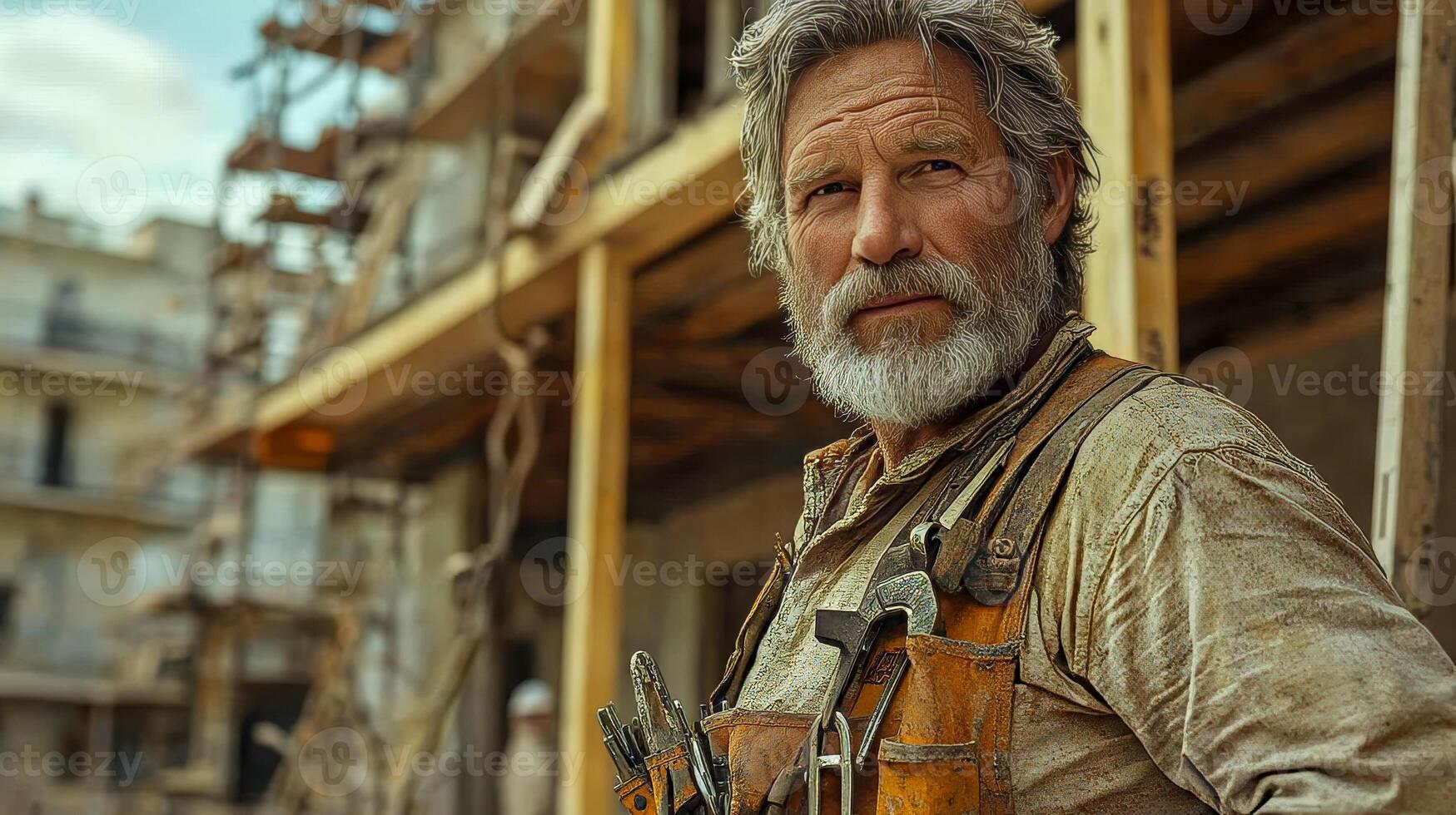 An elderly, experienced construction worker with a gray beard stands on a construction site photo