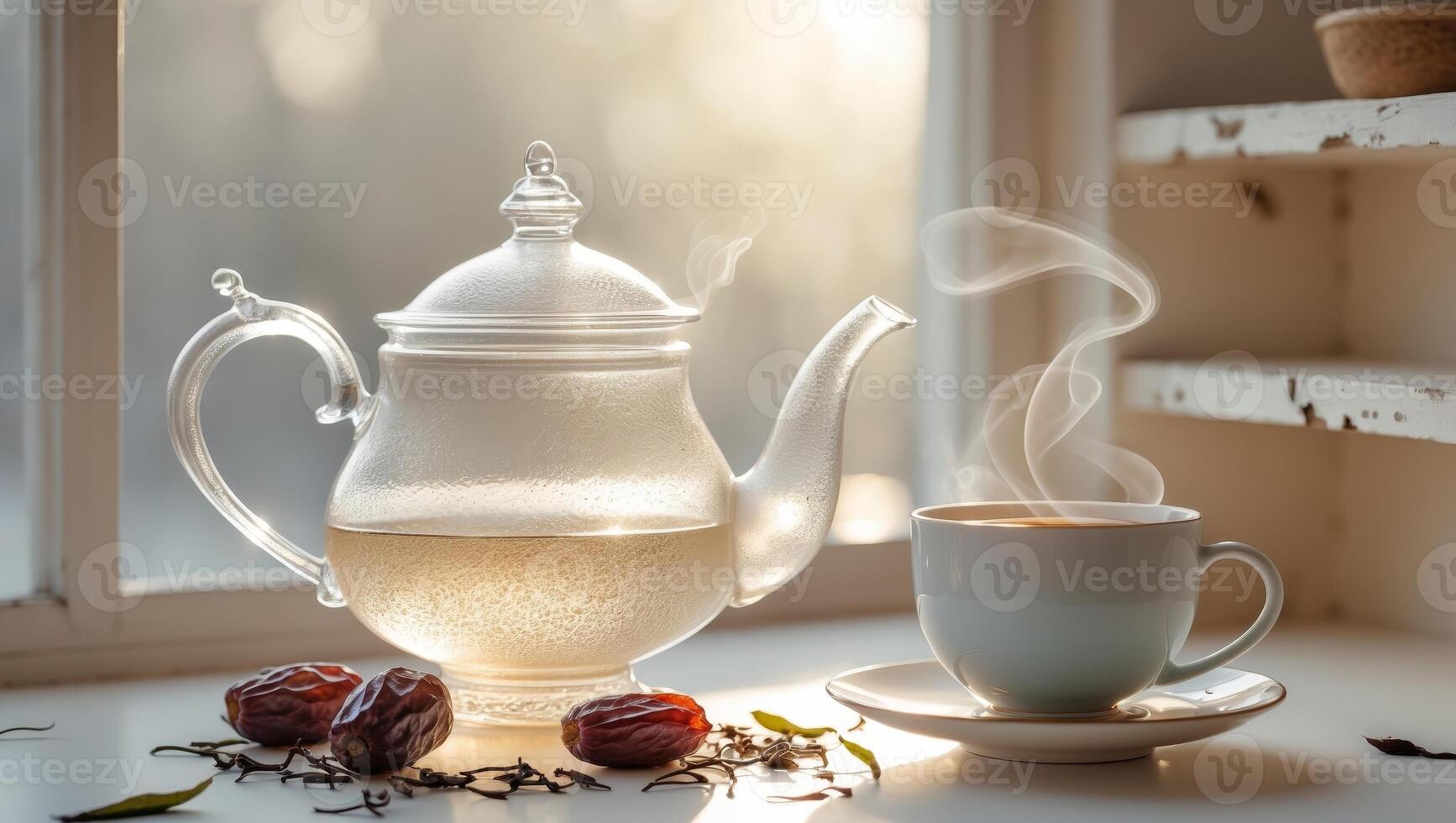 Elegant Glass Teapot with Tea and Dates on a Sunlit Window Sill.Elegant Glass Teapot with Tea and Dates on a Sunlit Window Sill. photo
