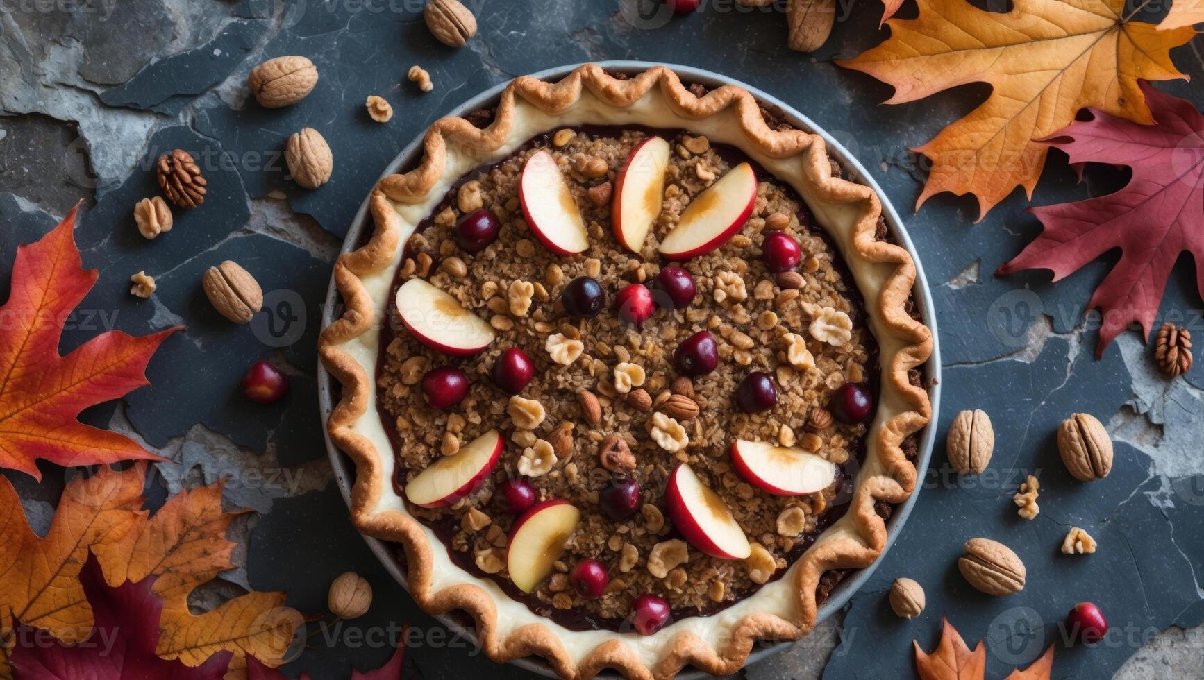 Thanksgiving Day autumn crumble pie with ginger spice fruit on dark stone surface surrounded by autumn leaves and nuts photo