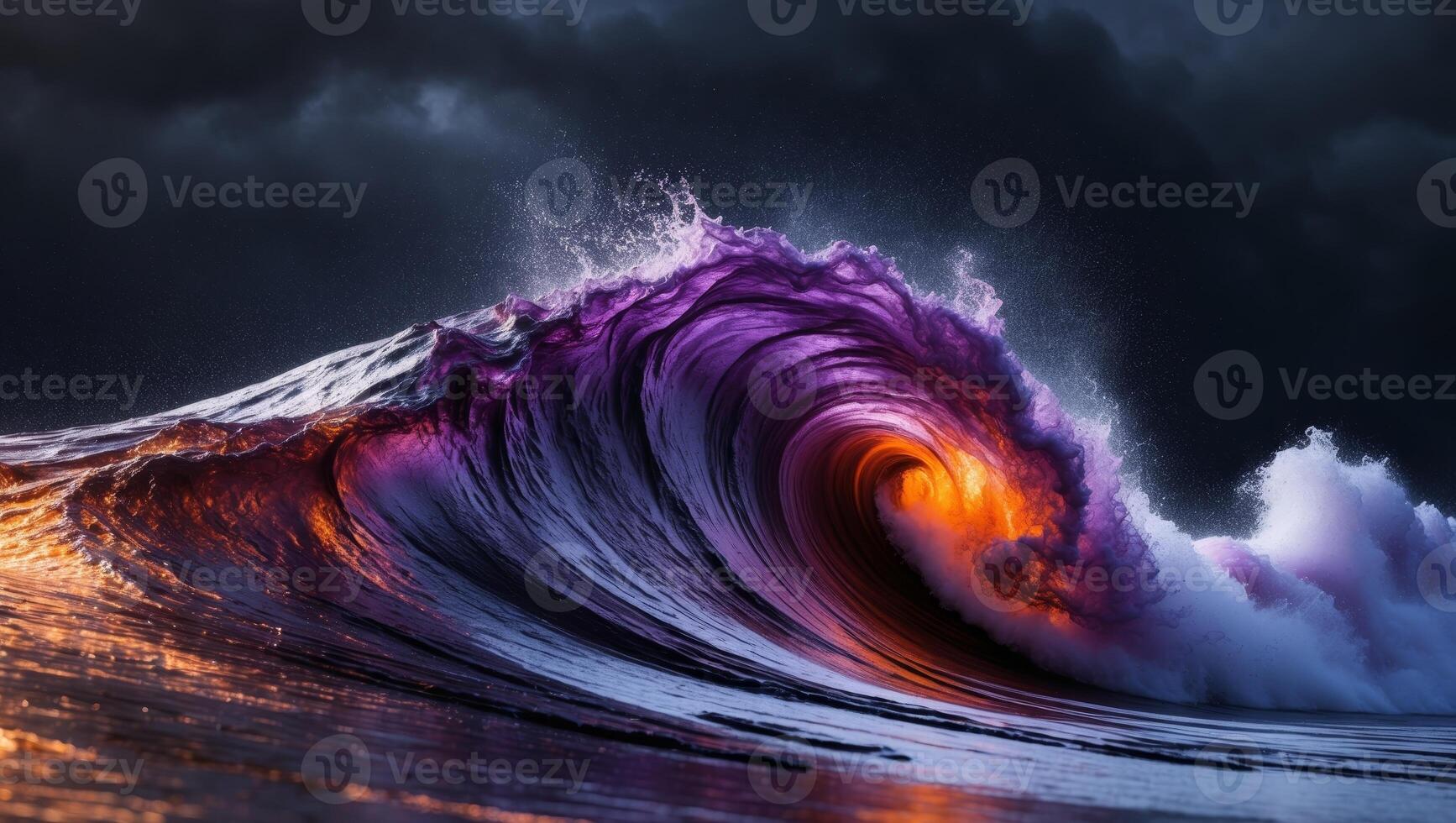 A purple and orange wave is shown on a dark backgroundA purple and orange wave is shown on a dark background. photo