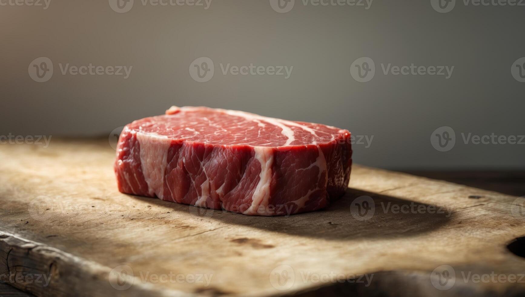 A single raw beef steak rests on a rustic wooden cutting boardA single raw beef steak rests on a rustic wooden cutting board. photo