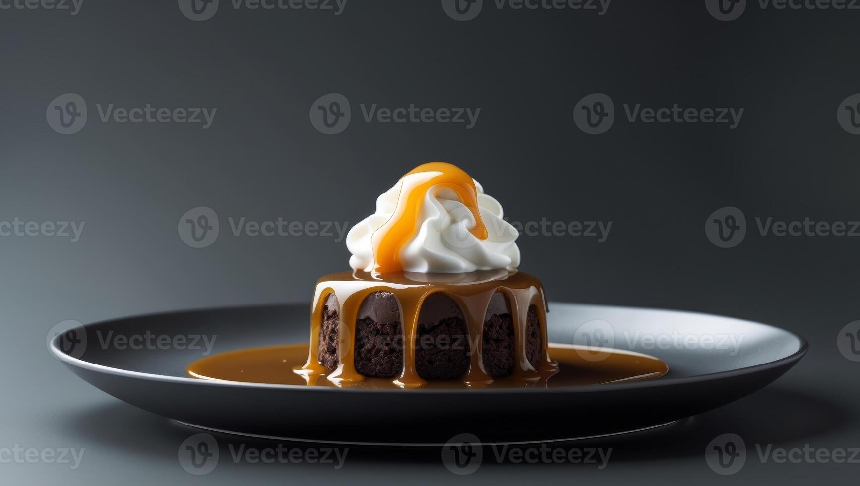 Decadent chocolate dessert with caramel sauce and whipped cream on a black plateDecadent chocolate dessert with caramel sauce and whipped cream on a black plate. photo