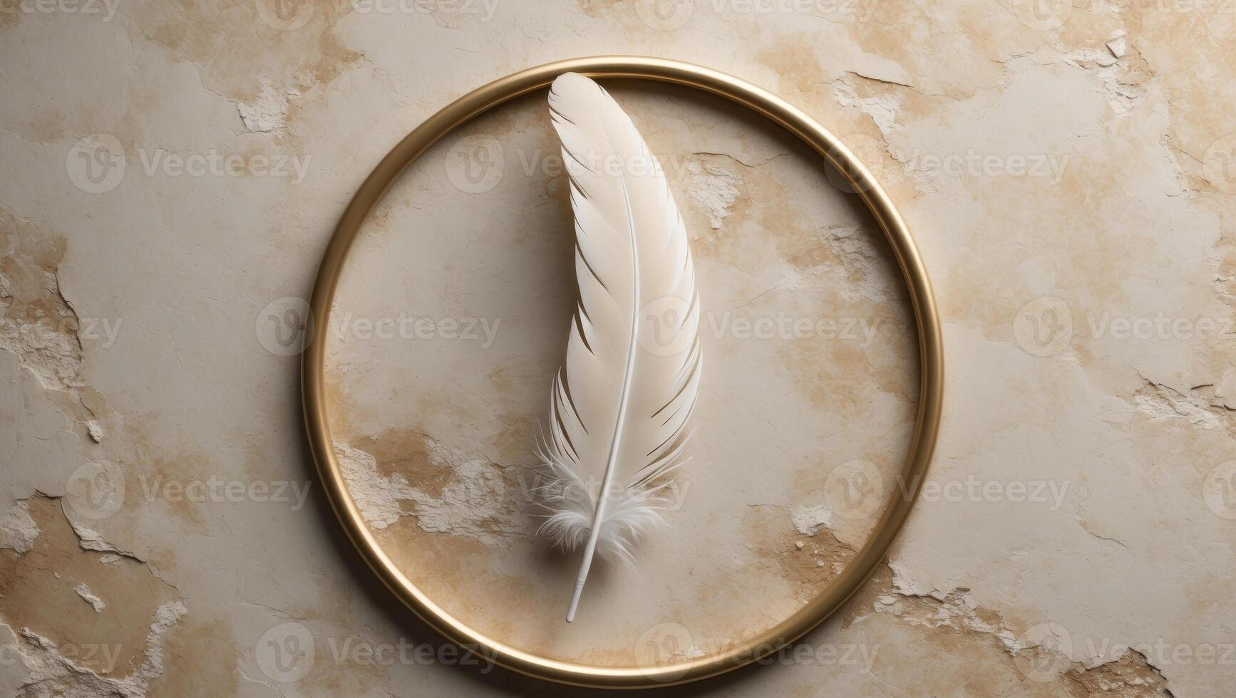 Elegant feather on textured beige surface with gold circular frame conceptElegant feather on textured beige surface with gold circular frame concept. photo