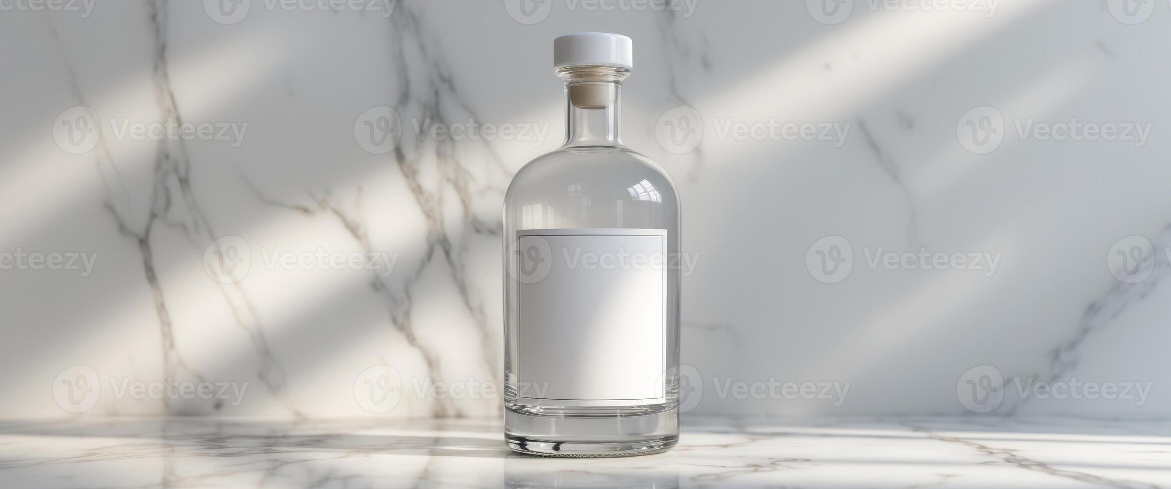 Elegant liquor bottle with blank label resting on marble surface photo