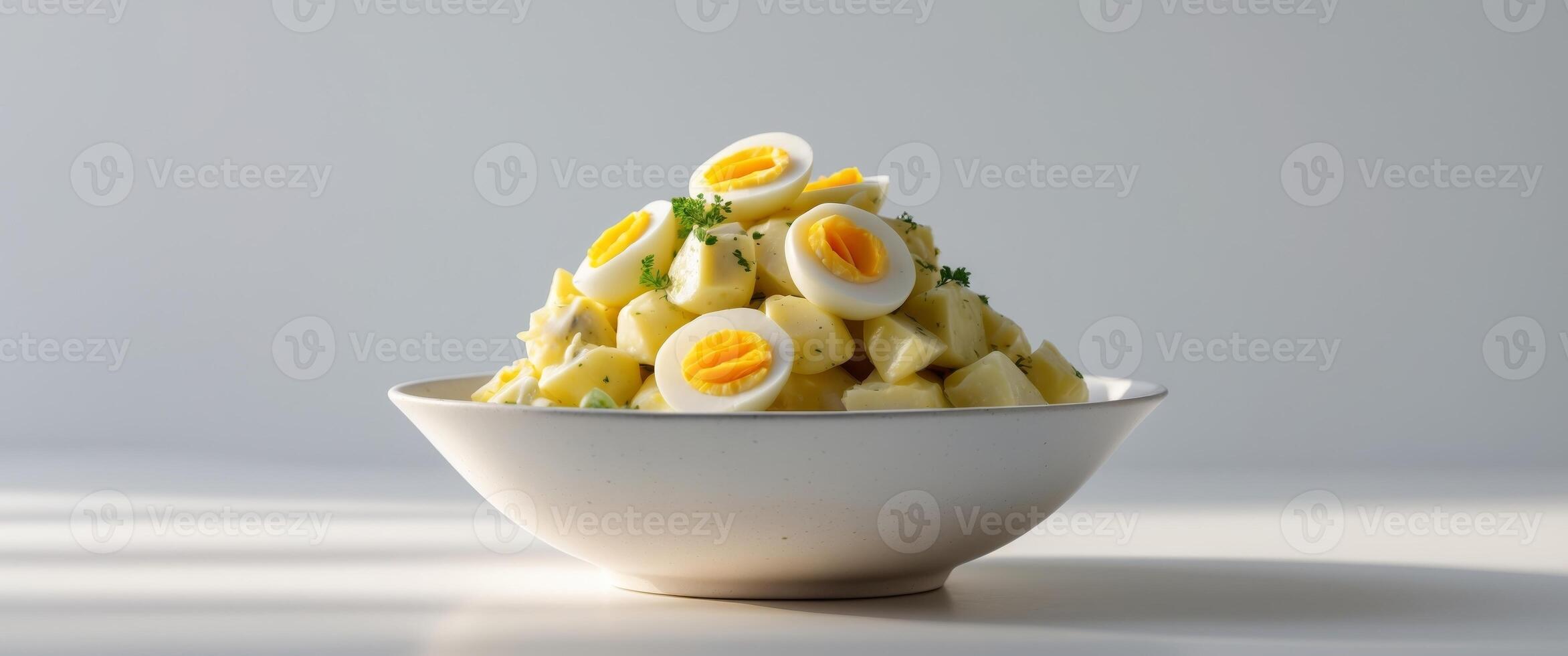 Potato salad with eggs and creamy dressing served in a white bowPotato salad with eggs and creamy dressing served in a white bow. photo