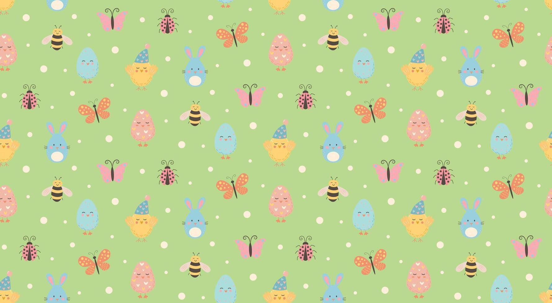 Seamless pattern with cute chicks, butterflies, bee, ladybug and Easter eggs on green background. vector