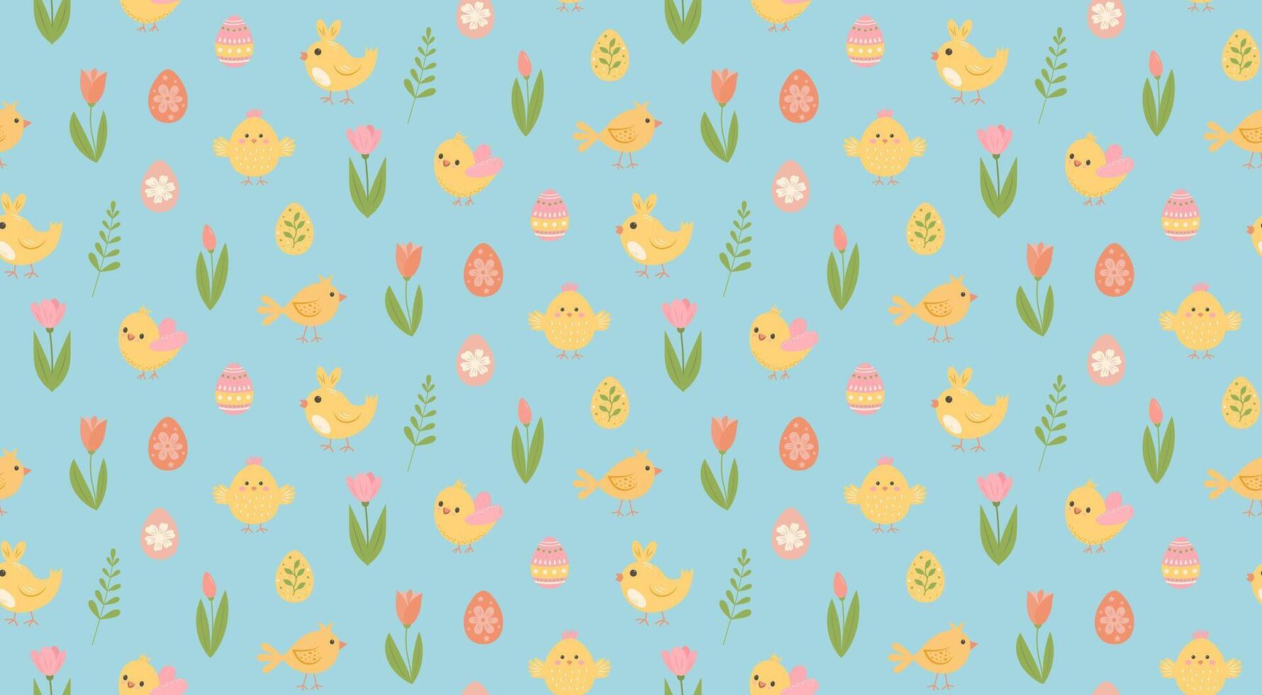 Seamless pattern with cute chicks, tulips and Easter eggs on blue background. vector