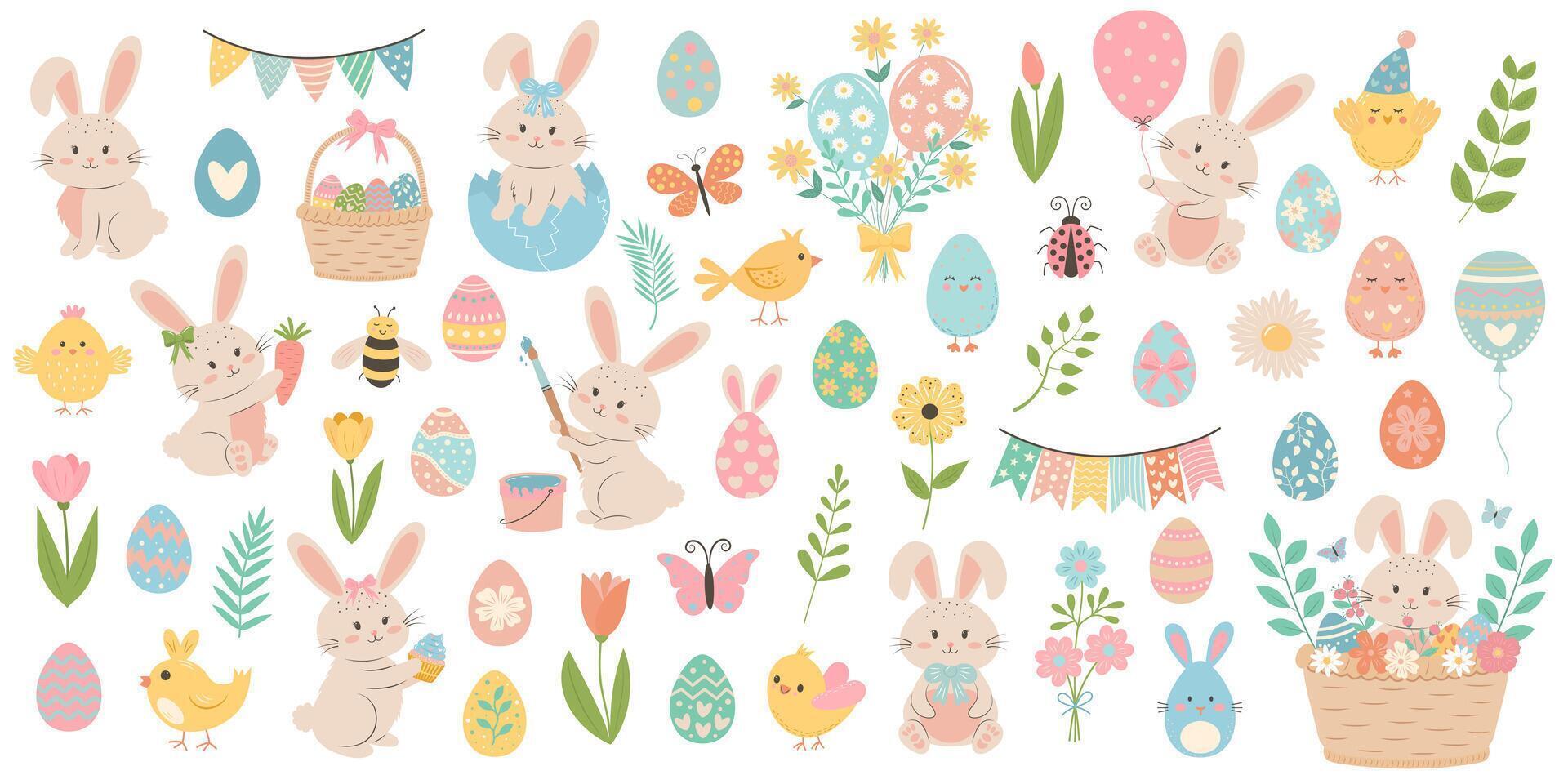 Cute easter set with rabbits, flowers, eggs, balloons, flags, basket and other. Spring pastel design elements for Easter. vector