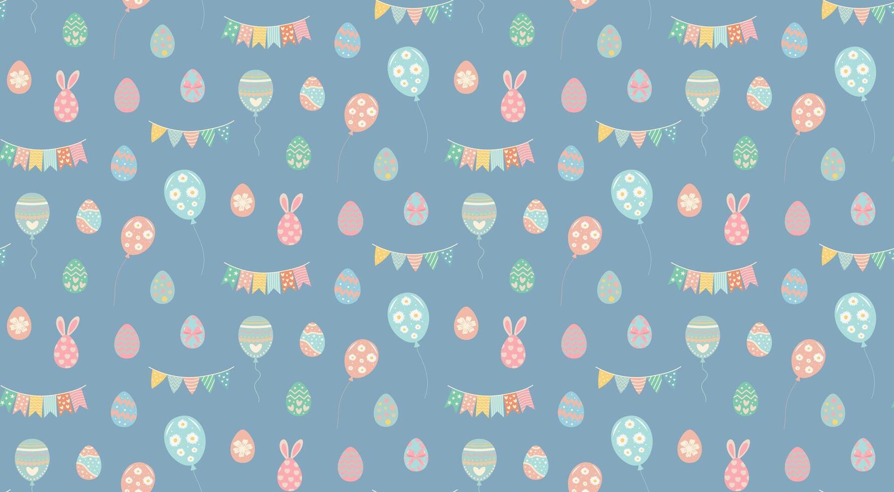 Seamless pattern with Easter eggs, flags and balloons on blue background. vector