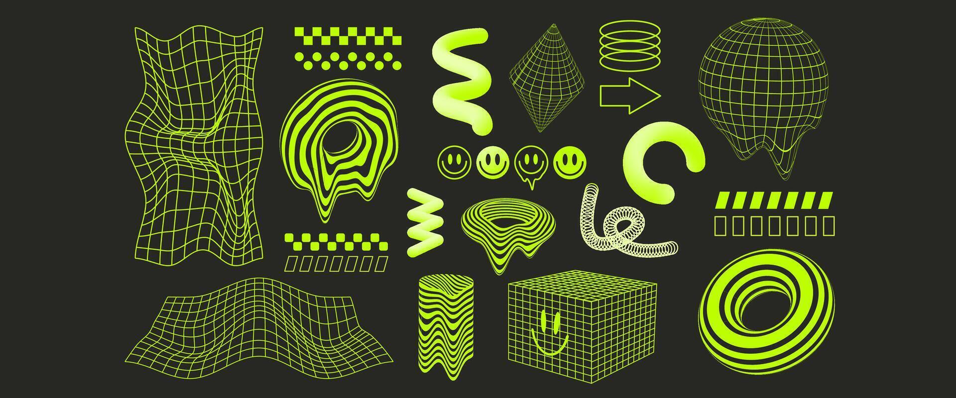 Collection of trendy y2k elements cyberpunk wireframes and grids, abstract background, 3d shape elements, trendy patterns. Psychedelic acid rave style. vector