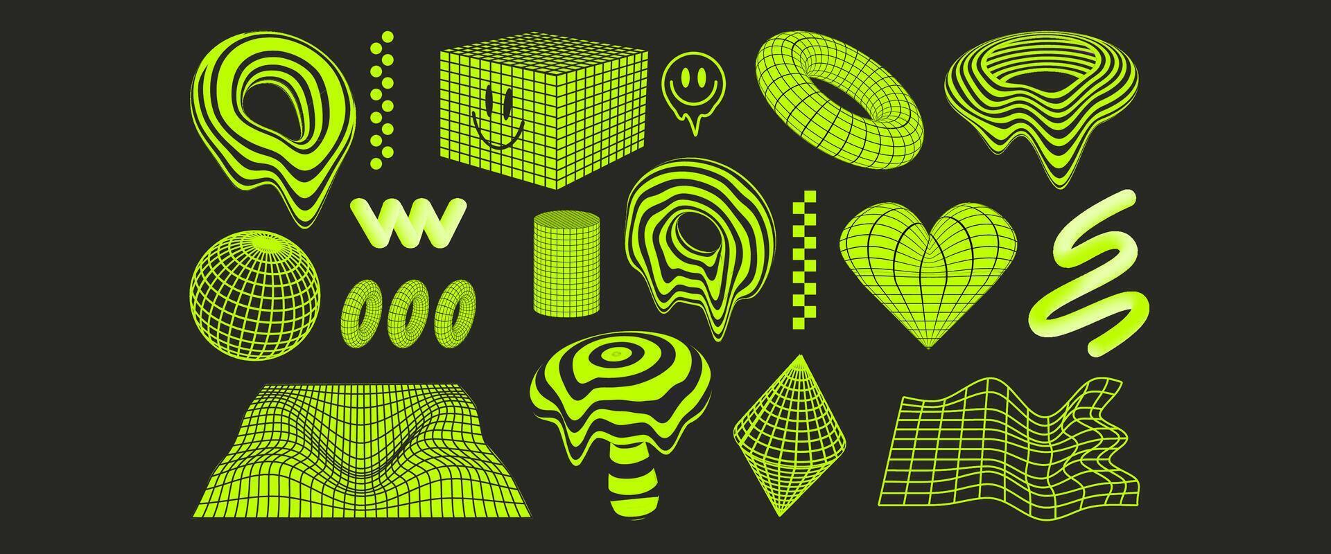 Collection of 18 trendy y2k neon green shape elements cyberpunk wireframes and grids, abstract background, 3d elements, trendy patterns in psychedelic acid rave style. vector