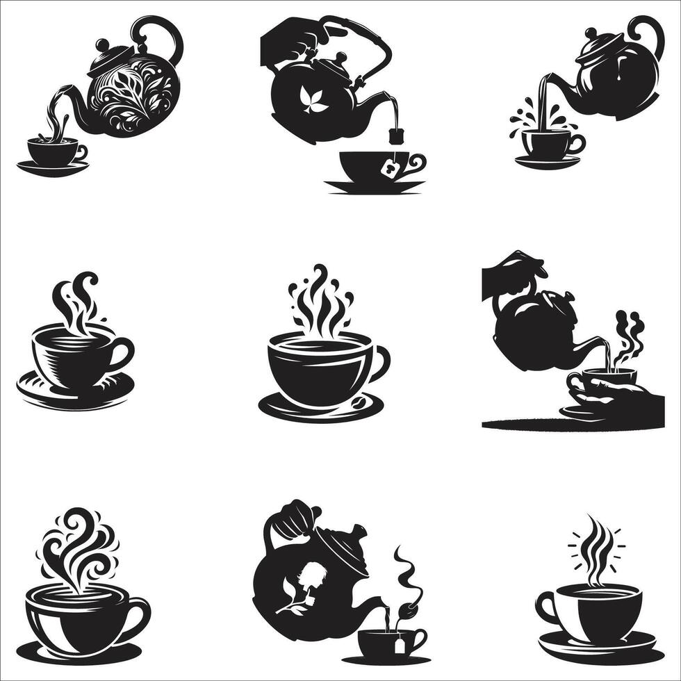 set of tea and coffee cups elements Silhouette Design Illustration On White Background vector