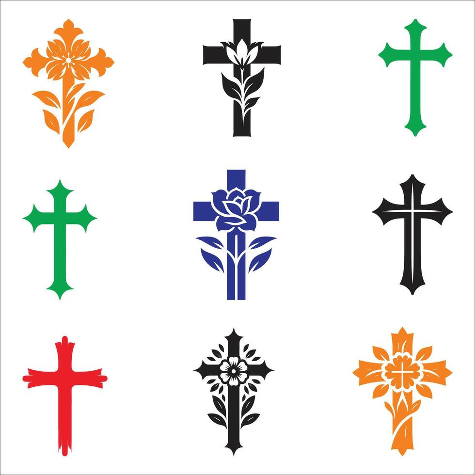 Christian Cross Logo Set Silhouette Design Illustrations On White Background vector