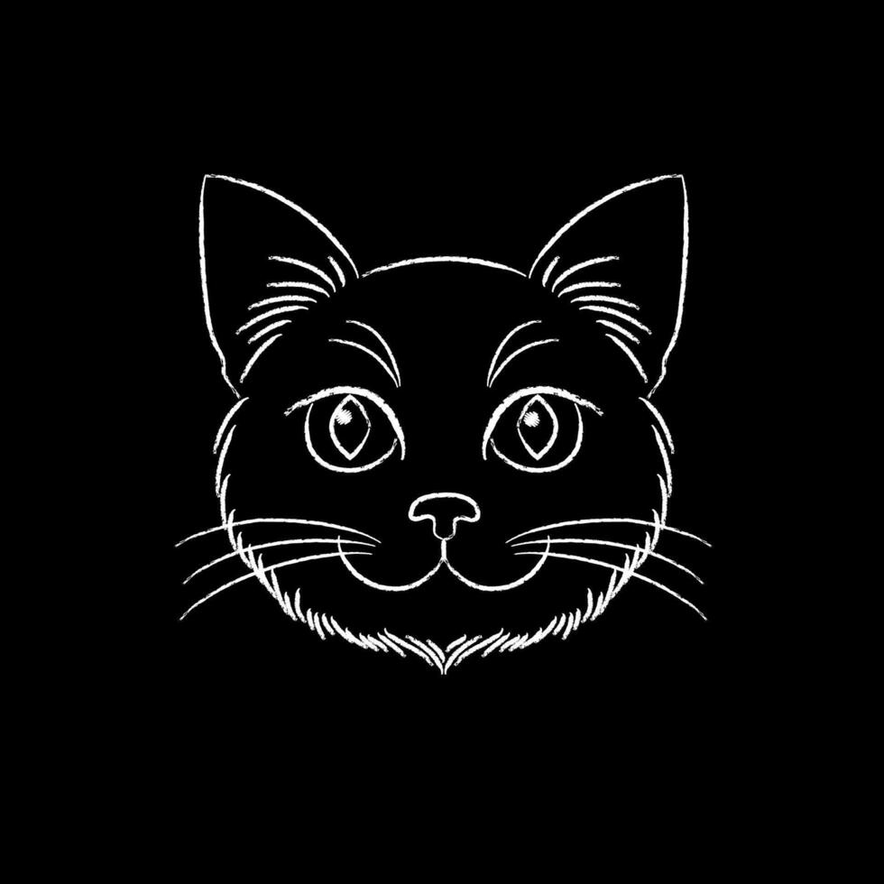 A cat's face in a simple style drawn by chalk on black background. vector