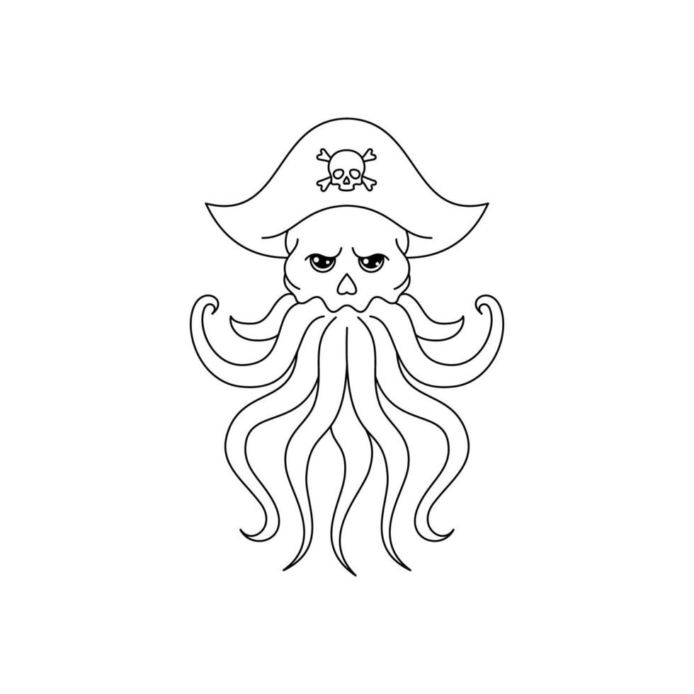 An octopus wearing a pirate hat. Line art style icon. vector