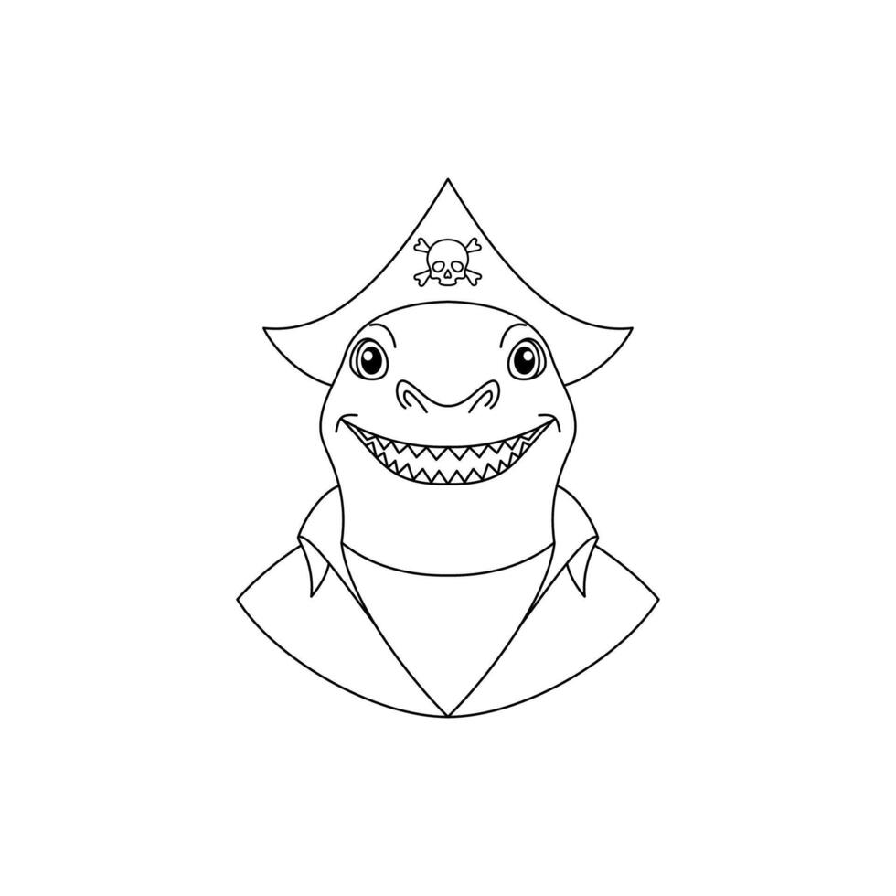 Shark wearing a pirate hat. Line art style icon on white background. vector
