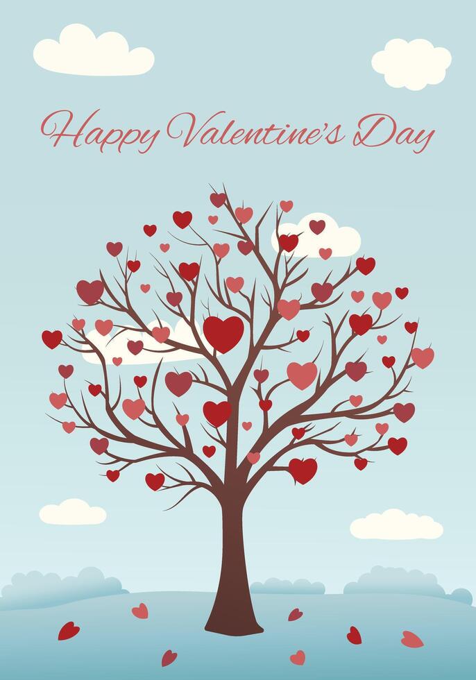 Valentine's Day Card with Tree with Hearts Instead of Leaves, Love Tree for Valentine's Day vector